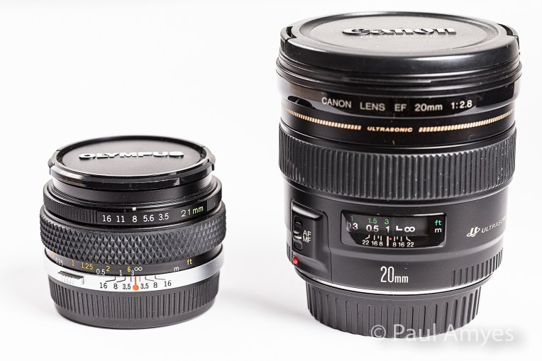 A comparison between the Olympus OM Zuiko 21mm f3.5 and the Canon EF 20mm f2.8.